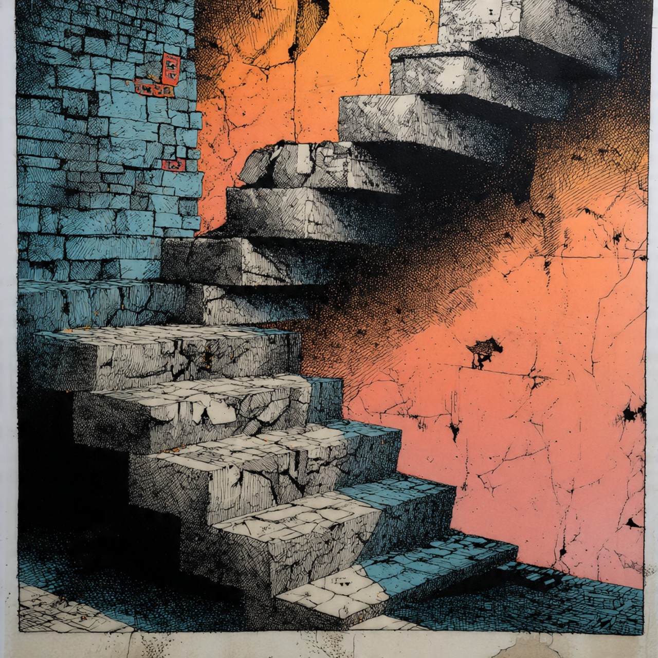 Unopened Staircase: stone staircase, blue wall, coral light, architectural fragment, liminal.