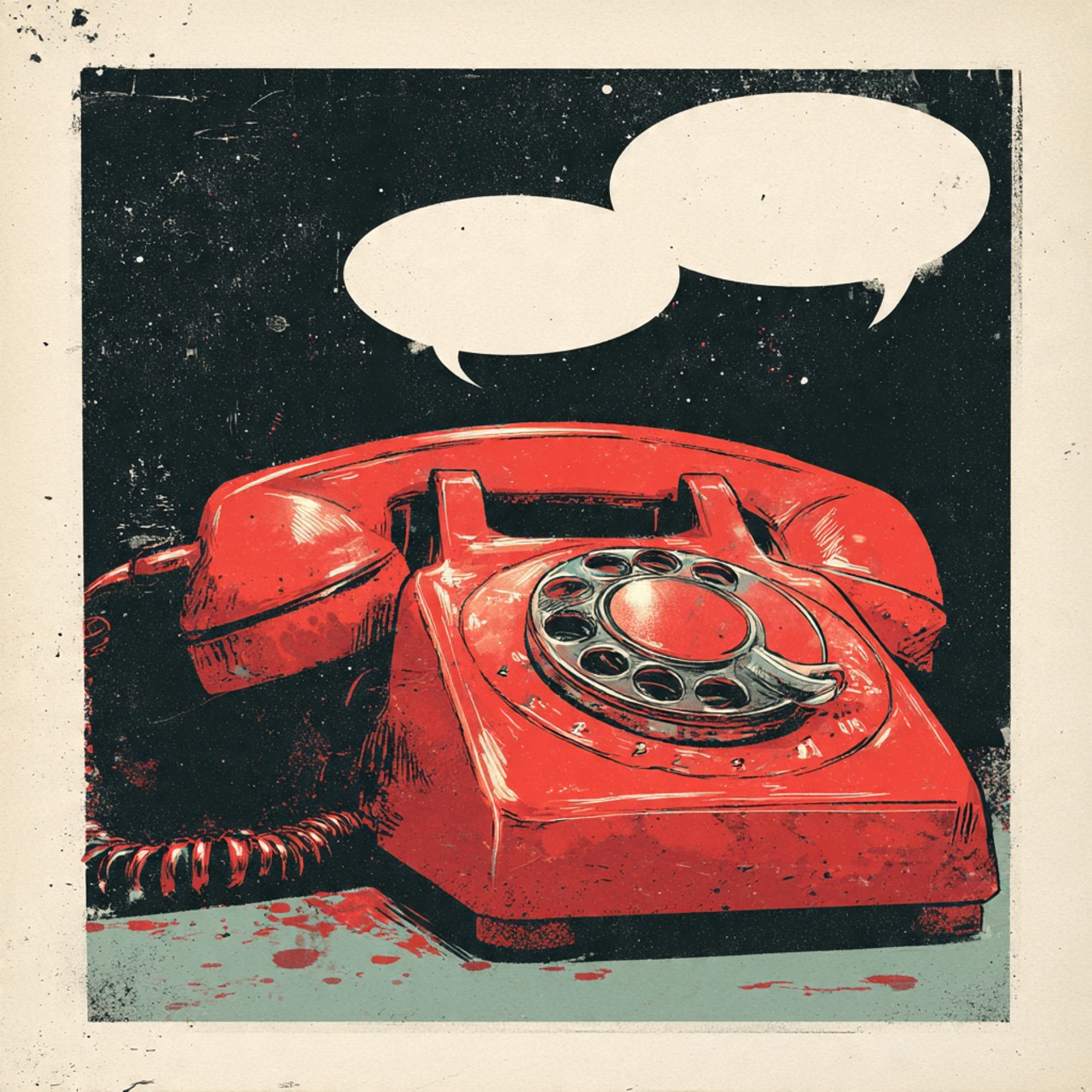 Unsaid Things: red telephone, speech bubbles, graphic object, cream field, communication.