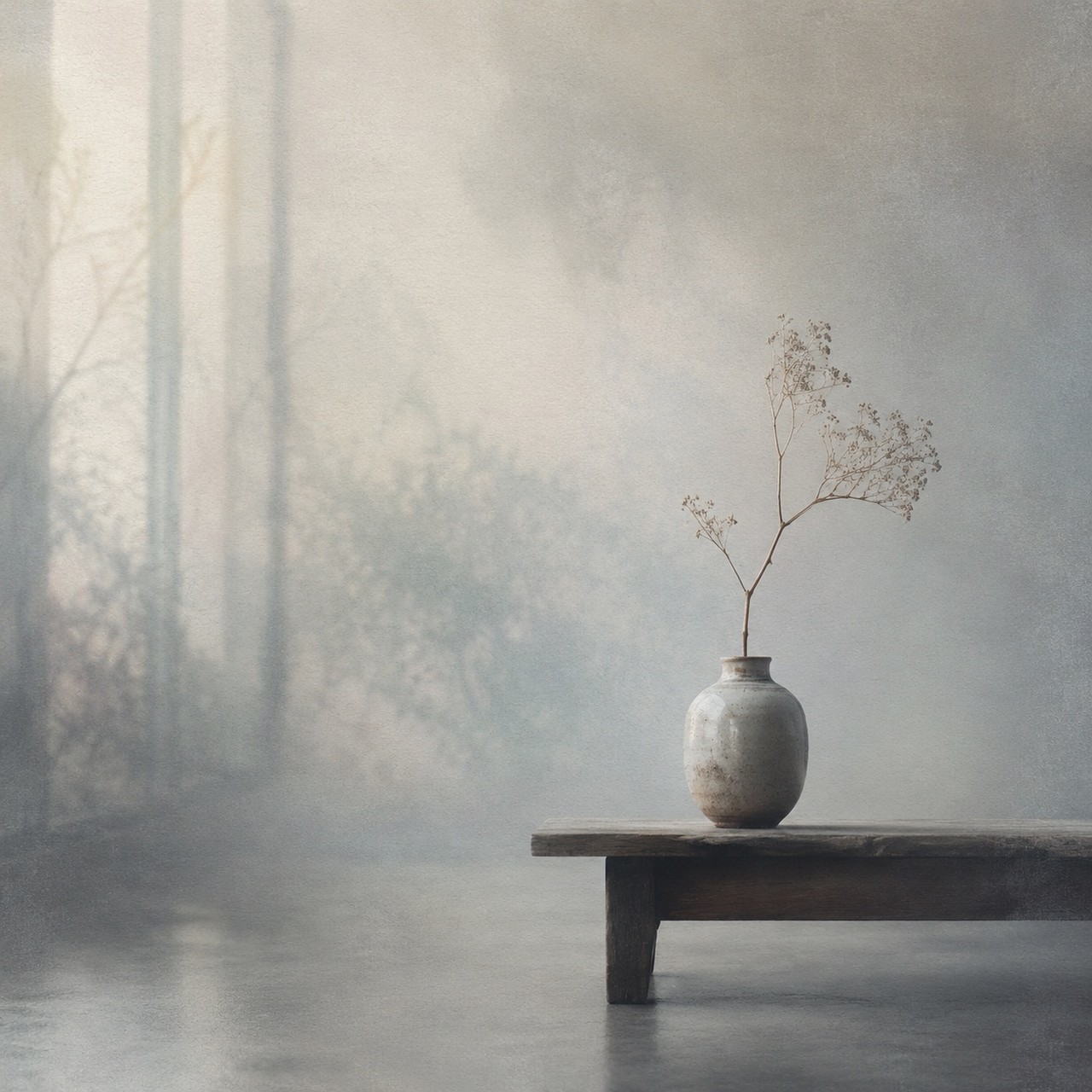 A pale ceramic vase holding a dried flowering branch sits on a low wooden bench in a misty interior with faint bare trees beyond.