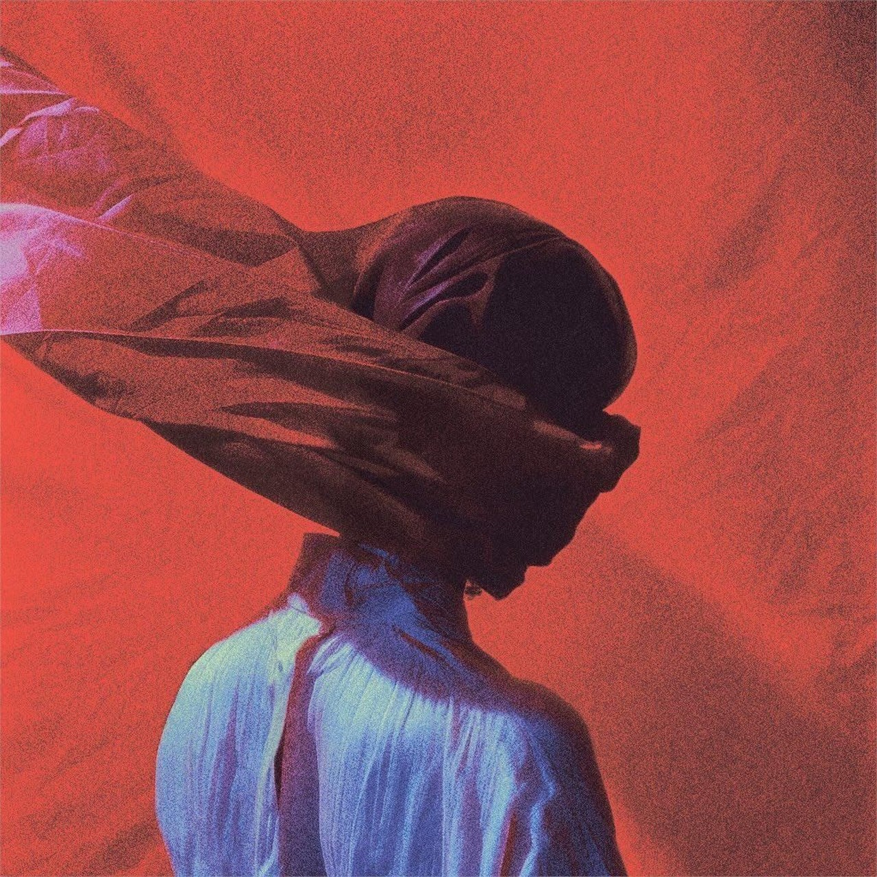 A grainy red-toned photograph of a person seen from behind in a pale blouse, with a length of dark fabric whipped across and completely covering the head.