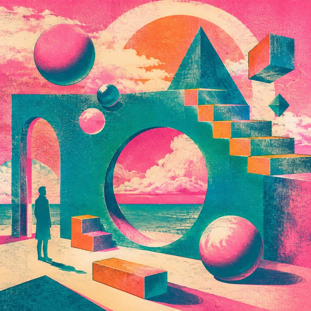 Dual-color risograph print in vibrant fluorescent pink and teal featuring floating surreal geometric shapes