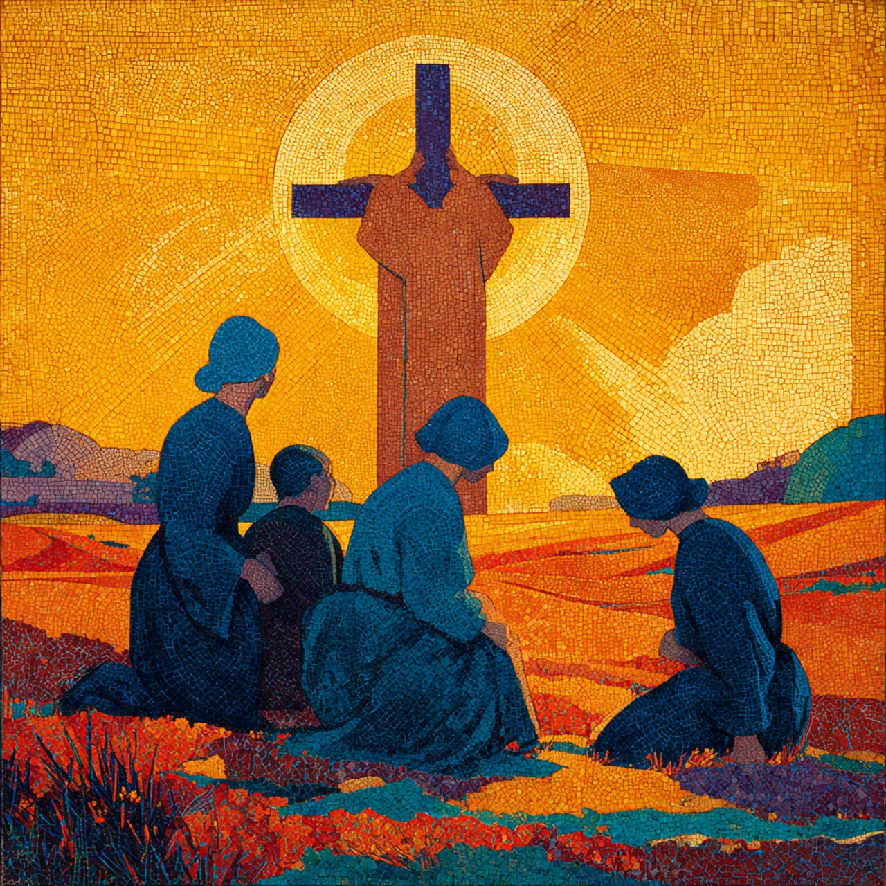 A mosaic-style illustration of four figures in blue robes and hats kneeling before a tall wooden cross backed by a radiant gold disc, above orange and red fields.