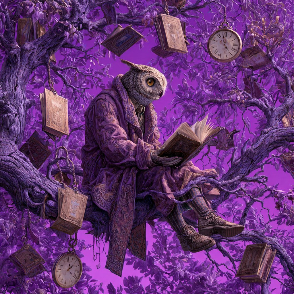A violet archivist reads among floating books clocks and mechanical fragments.