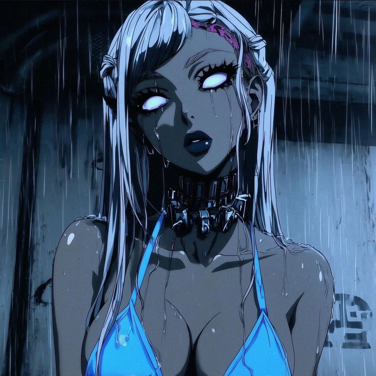 An anime-style illustration of a woman with long white hair, blank glowing white eyes and a spiked metal choker, soaked in heavy rain against a marked concrete wall, wearing a bright blue top.