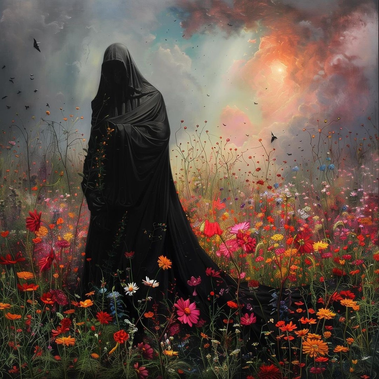 A figure fully wrapped in a long black veil stands with her back turned in a dense field of red, pink and orange wildflowers under a stormy sky with a burning orange break in the clouds.