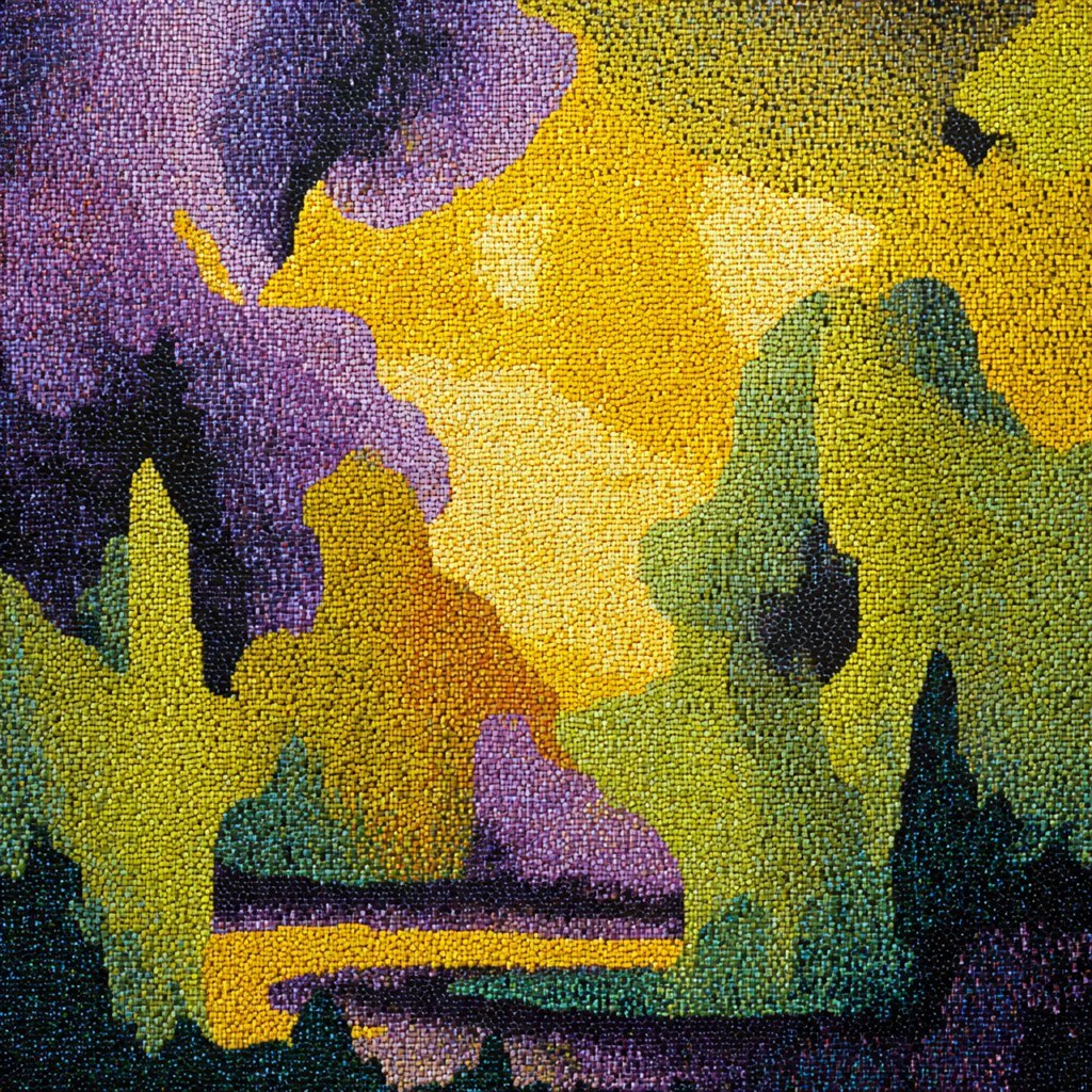Yellow purple and green fragments collide across a dense textured field.